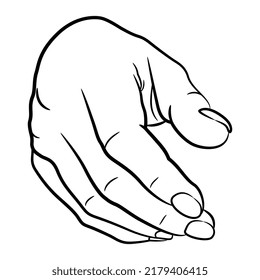 Front view of a human hand. Cartoon style. Black and white linear silhouette.