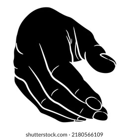Front view of a human hand. Cartoon style. Black and white negative silhouette.
