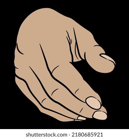 Front view of a human hand. Cartoon style. On black background.