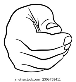 Front view of a human hand with folded in fist fingers. Cartoon style. Black and white linear silhouette.