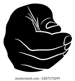 Front view of a human hand with folded in fist fingers. Cartoon style. Black and white negative silhouette.