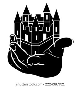 Front view of a human hand holding medieval castle. Creative architectural concept. Black and white silhouette.