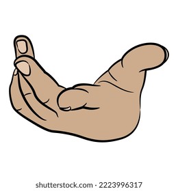Vista frontal de una mano humana con palma abierta. Haciendo gesto. Estilo de caricatura.
