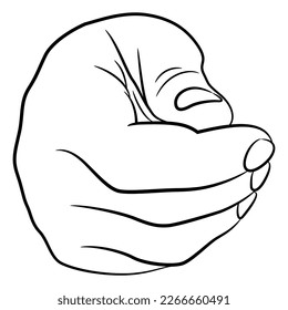 Front view of a human hand in pinched fist gesture. Black and white linear silhouette. Cartoon style.