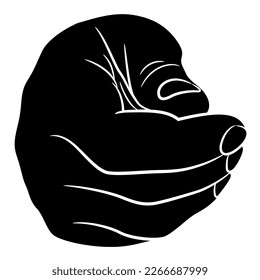 Front view of a human hand in pinched fist gesture. Black and white negative silhouette. Cartoon style.