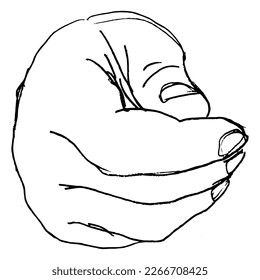 Front view of a human hand in pinched fist gesture. Hand drawn linear doodle rough sketch. Black silhouette on white background.