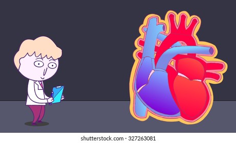 Front view human heart object. Cartoon male doctor character holding a pen and a clipboard. Template for hospital health care medical poster. School biology anatomy education class. Chalk brush stroke
