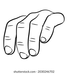 Front view of a human male hand with four bent fingers. Holding gesture. Black and white linear silhouette.