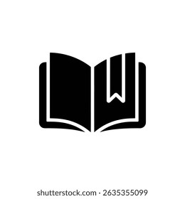 Front view icon of an open book with a ribbon bookmark marking a page. Simple, minimalist, transparent background illustration for learning, education, or study.