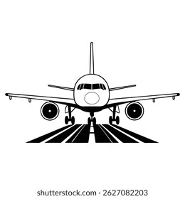 Front View Illustration of an Airplane Landing on Runway in Black and White 