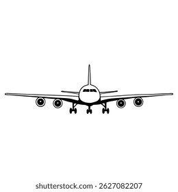 Front View Illustration of an Airplane Landing on Runway in Black and White 