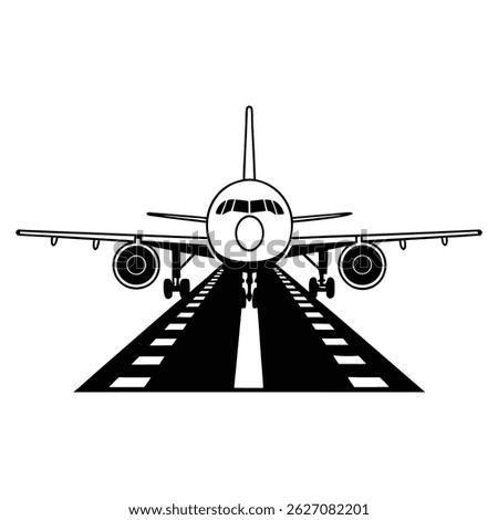 Front View Illustration of an Airplane Landing on Runway in Black and White 