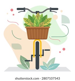 A front view illustration of a bicycle features a brown wicker basket filled with lush green leaves. The background consists of soft pastel abstract shapes, dots, and fluid wavy lines. This clean graphic offers a modern and refreshing feel.