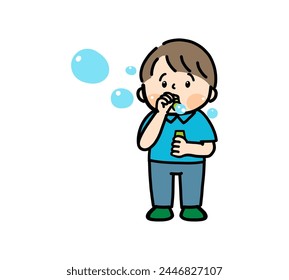 Front view illustration of a boy blowing soap bubbles.