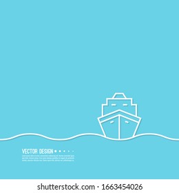 Front view illustration of dry cargo ship sailing in the sea. Transport ship vector icon on blue background.