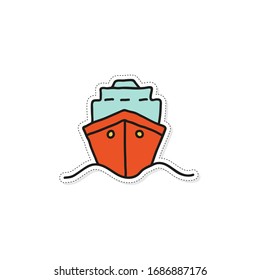 Front view illustration of dry cargo ship sailing in the sea. Transport ship vector icon. Hand drawn sticker.