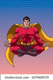 Front view illustration of meditating superhero on abstract background and some copy space.