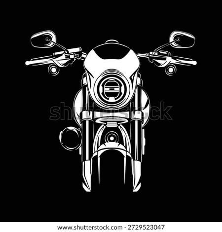 Front view illustration of a performance cruiser motorcycle with a small bikini fairing cowl and riser handlebars. West Coast club style vector silhouette in black and white.