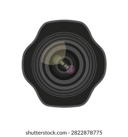 Front View Illustration of a Professional DSLR Camera Lens with Lens Hood and Optical Glass Reflection