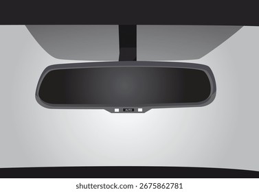 
A front view from inside a car, centered on the rearview mirror. A small light and the word AUTO are visible on the bottom of the mirror's housing.