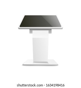 Front view of interactive panel or advertising terminal stand with blank touchscreen display, 3d realistic vector mockup illustration isolated on white background.