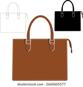 Vorderansicht der einzelnen braunen Handtaschengrafik. Handtasche Silhouette. Handtaschenumriss. 