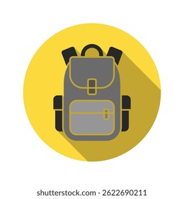 Front view of isolated flat gray backpack with black straps and yellow rim is set on a yellow circle with long shadow against a white backdrop.