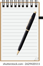 Front view of isolated notepad with a pen vector illustration. 