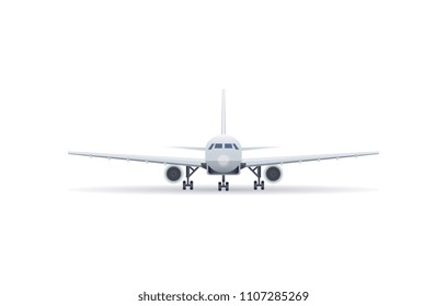 Front view jet airplane on the ground isolated vector icon. Passenger aircraft, air transportation, commercial airline vector illustration.