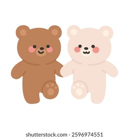 Front View of Korean Couple Bears Cartoon Smiling and Holding Hands While Walking Vector Illustration