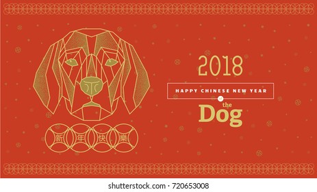 Front view of Labrador  dog head triangular, Vector illustration. 2018 Happy New Year, Asian Lunar Year. Hieroglyphs l: happy new year,