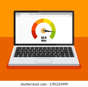 Front view of laptop with speed test on a screen. Isolated vector illustration.	