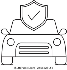 Icono del arte de la línea de visión delantera de un coche con un escudo y una marca de verificación, que representa el seguro del vehículo, la seguridad y la protección automotriz
