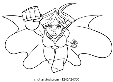 Front view Line art illustration of determined and powerful superheroine wearing cape and costume while flying against white background for copy space.