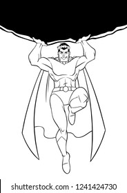 Front view Line art illustration of powerful and brave superhero holding a huge boulder above his head during dangerous mission.