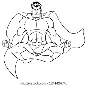 Front view line art illustration of superhero sitting in lotus position while meditating during yoga practice isolated on white background for copy space.