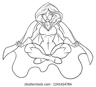 Front view line art illustration of superheroine sitting in lotus position while meditating during yoga practice isolated on white background for copy space.