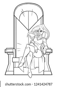 Ilustración artística de línea frontal de la superheroína de dibujos animados sentada en un trono de hierro como concepto positivo de poder y liderazgo aislado en fondo blanco para espacio de copia.