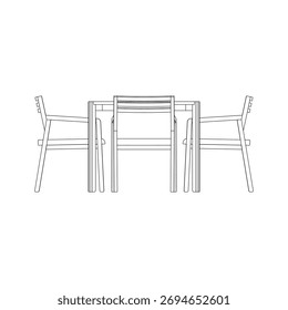 Vista frontal arte da linha de um conjunto de jantar quadrado com quatro cadeiras. Ilustração minimalista de móveis para catálogo de interiores, decoração de casas e apresentação de produtos.