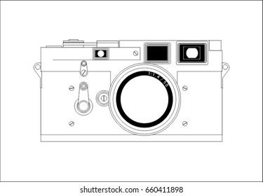 Front view line drawing vector of vintage rangefinder camera. 