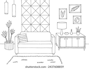 Vorderansicht Wohnzimmer Grafik schwarz weiß Home Innenskizze Illustration Vektor