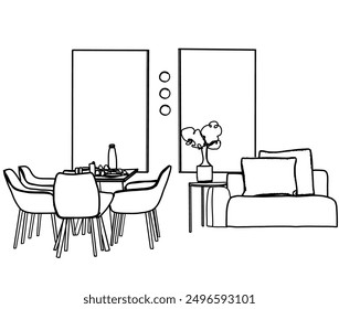 Front view living room graphic black white home interior sketch illustration vector