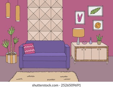Front view living room graphic color home interior sketch illustration vector