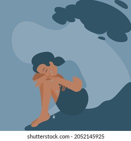 Front view of Lonely woman hugging her knees crying and bowing down. Vector flat isolated on dark blue background concept of support and care for people under depression, stress, sadness and sorrow.
