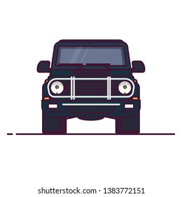 Front view of luxury SUV. Line style vector illustration. Off road vehicle banner. Offroad modern car from front. Classic angular off-road car design. Big truck pixel perfect banner.