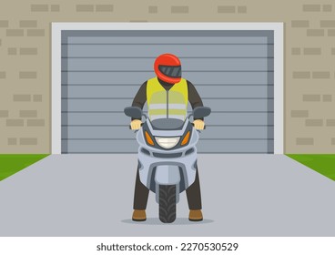 Front view of a male biker leaving the garage. Motorcyclist stands in front of the parking gate. Flat vector illustration template.