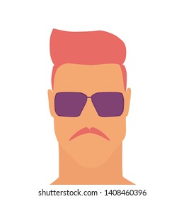 Front view of a male head with red hair and a mustache with purple sunglasses. Color flat illustration isolated on white.
