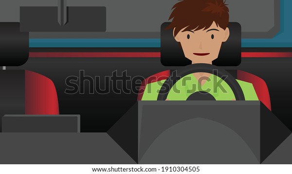 Front view\
of a man driving in a car alone happily. Driving travel at\
different times. Or learning to drive a\
car.