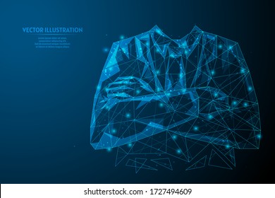 Front view man in suit and tie, young businessman crossed his arms. Successful leader, office worker, doctor. Work concept, start up. 3d low poly wireframe model isolated vector illustration.