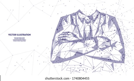 Front view man in suit and tie, young businessman crossed his arms. Successful leader, office worker, doctor. Work concept, start up. 3d low poly wireframe model vector illustration.